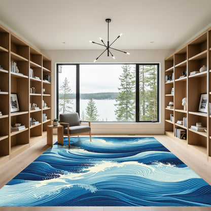 Navy Foamy Swirling Waves Rug