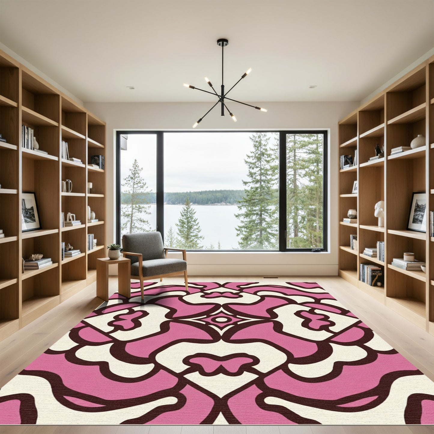 Mid-century Pink Cream Abstract Floral Rug