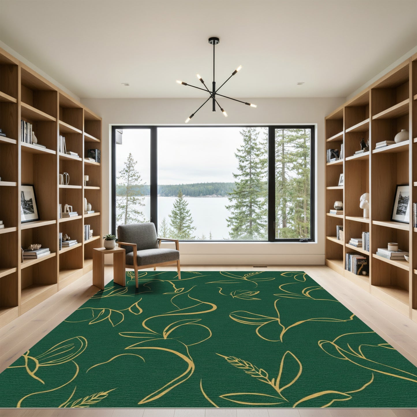 Emerald Green Botanical Line Art Rug