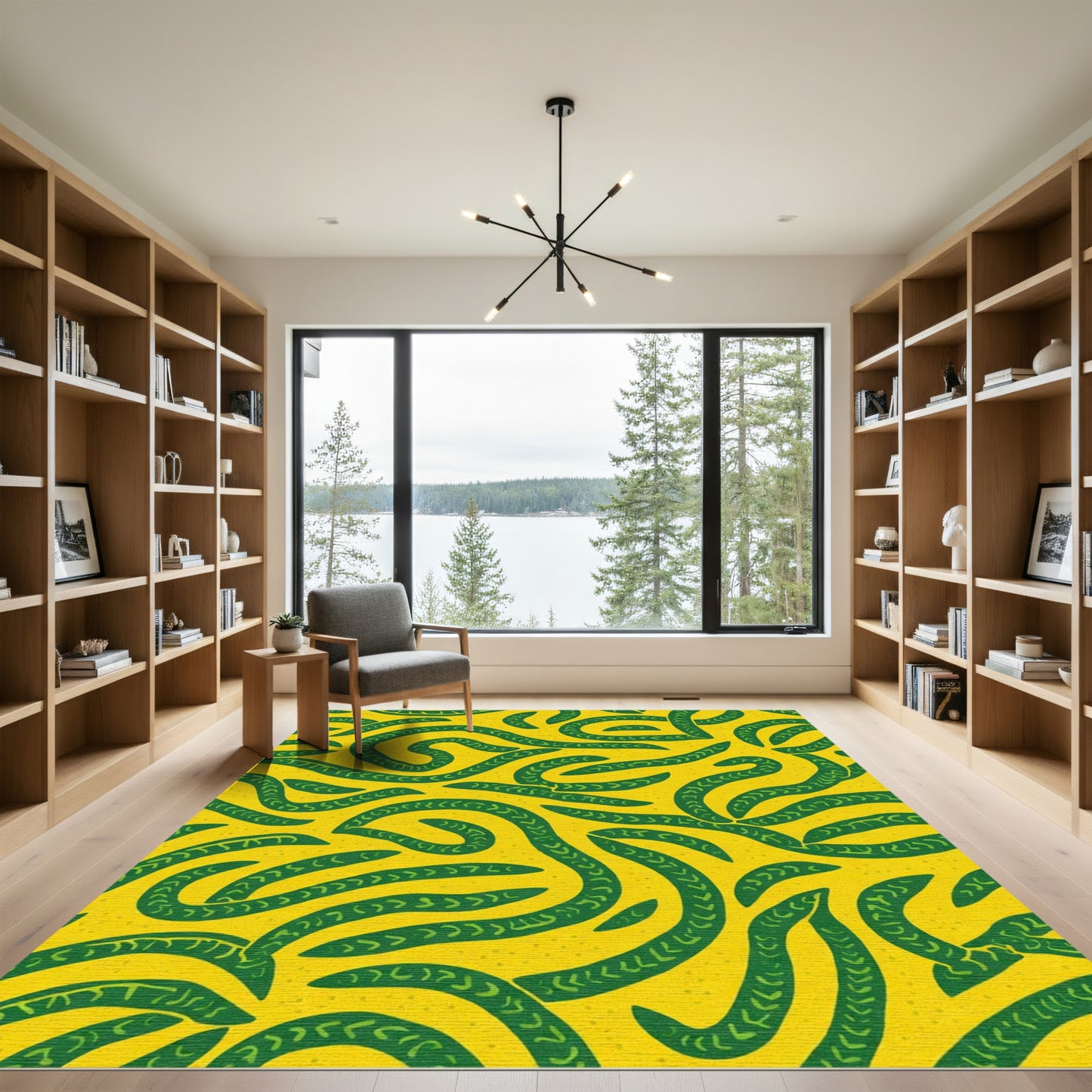 Yellow Green Wavy Stripe Medallion Rug