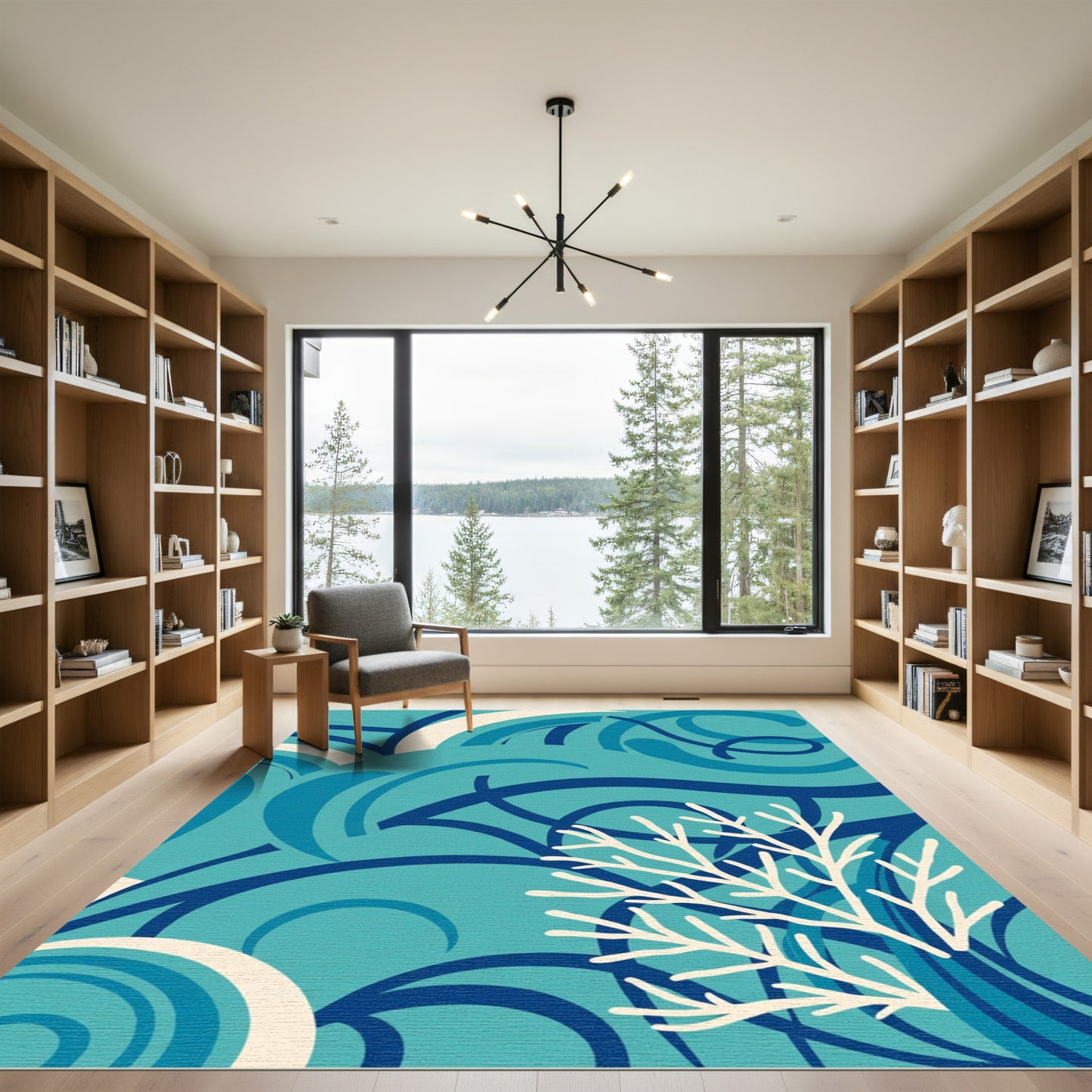 Aqua Blue Coral Swirl Composition Rug