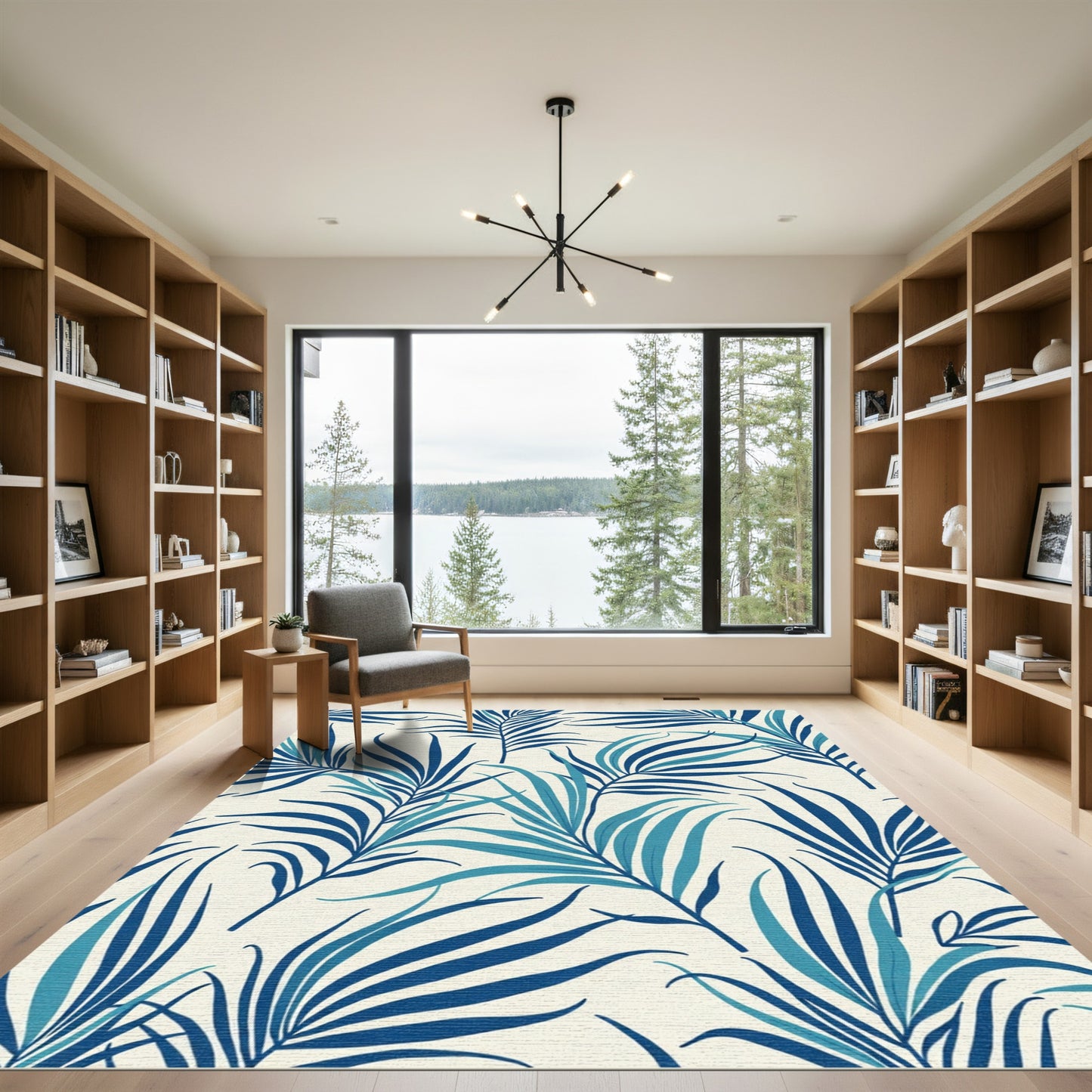 Deep Blue Palm Frond Foliage Rug