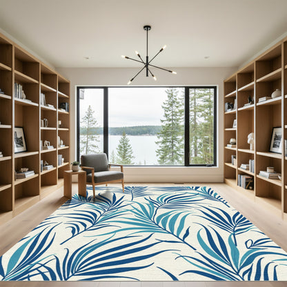 Deep Blue Palm Frond Foliage Rug