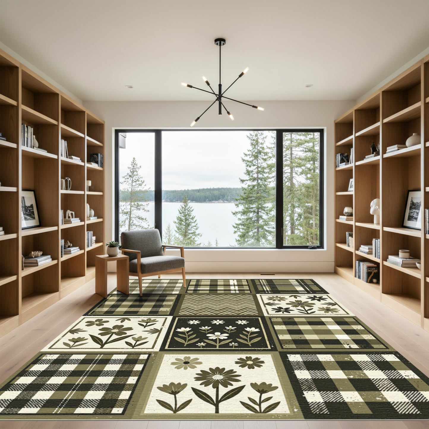 Olive Plaid Floral Patchwork Rug