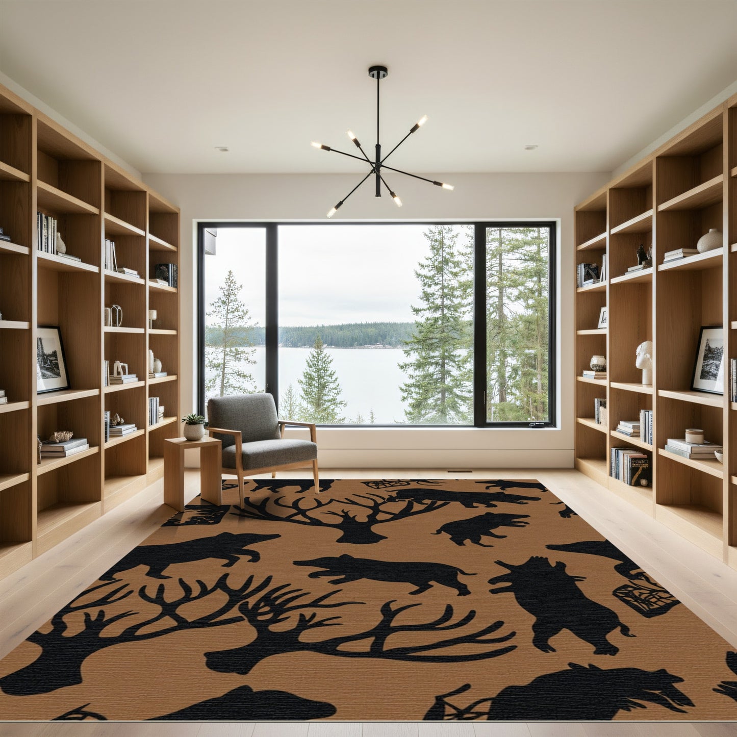 Brown Black Silhouette Animal Woodland Scene Rug