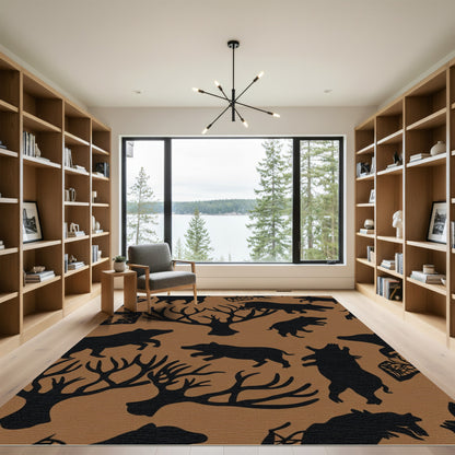 Brown Black Silhouette Animal Woodland Scene Rug