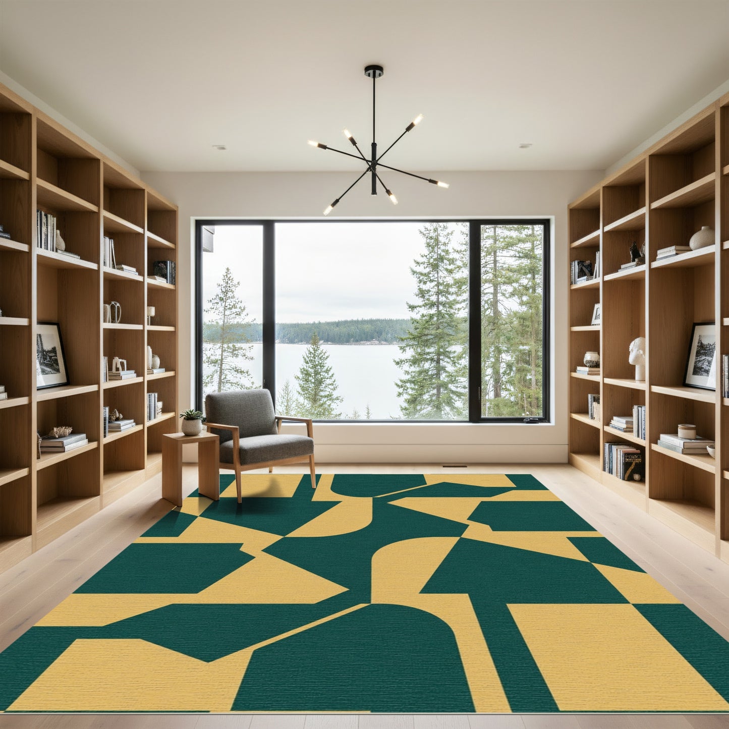 Deep Teal Ochre Geometric Abstraction Rug