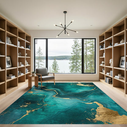 Teal Gold Marble Swirl Rug