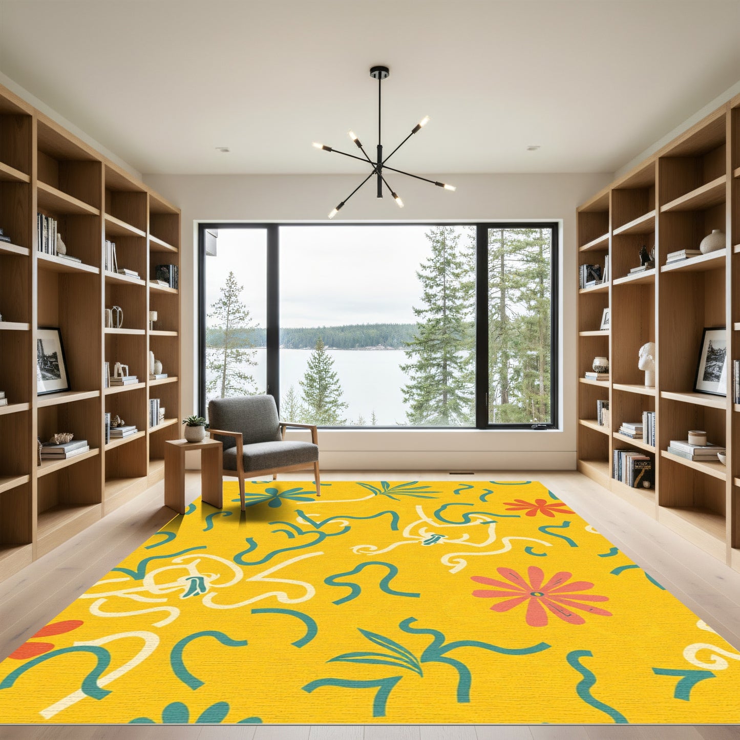 Golden Yellow Floral Abstract Swirls Rug