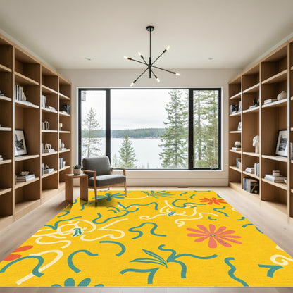 Golden Yellow Floral Abstract Swirls Rug