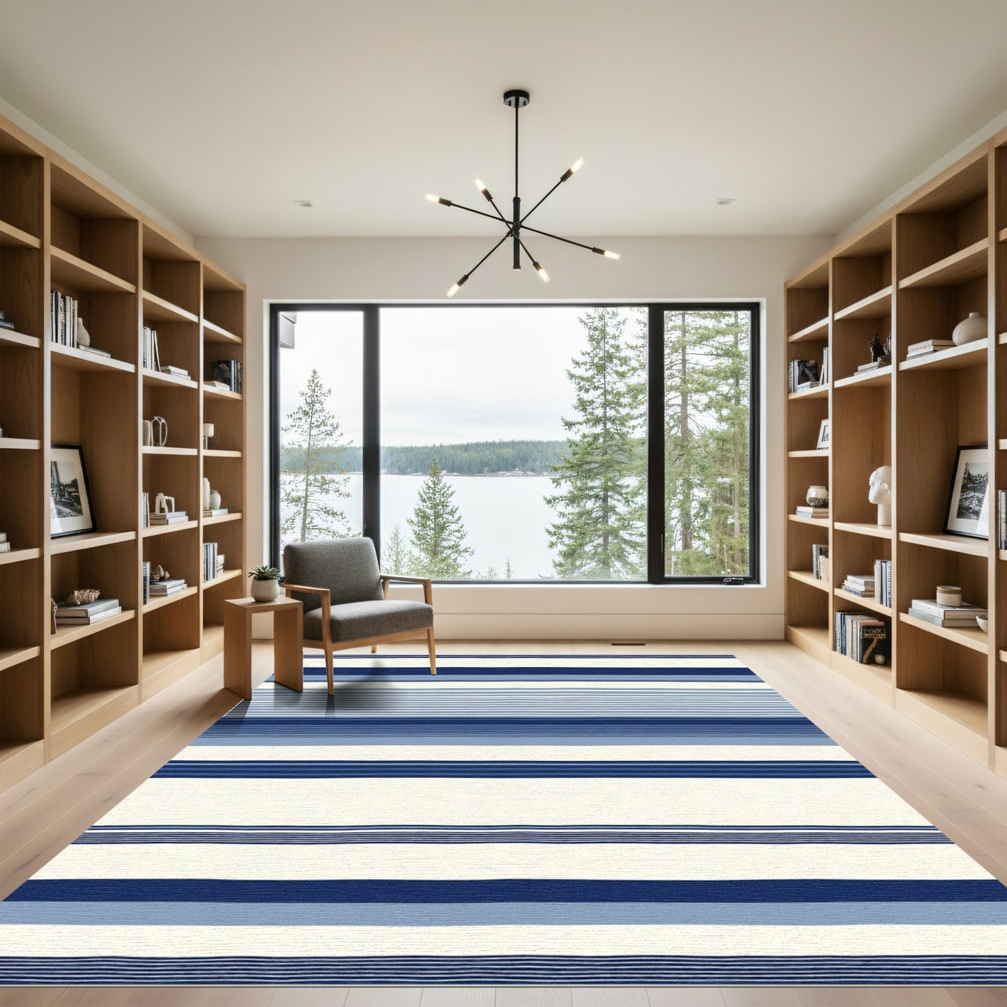 Navy Blue Cream Stripe Texture Rug
