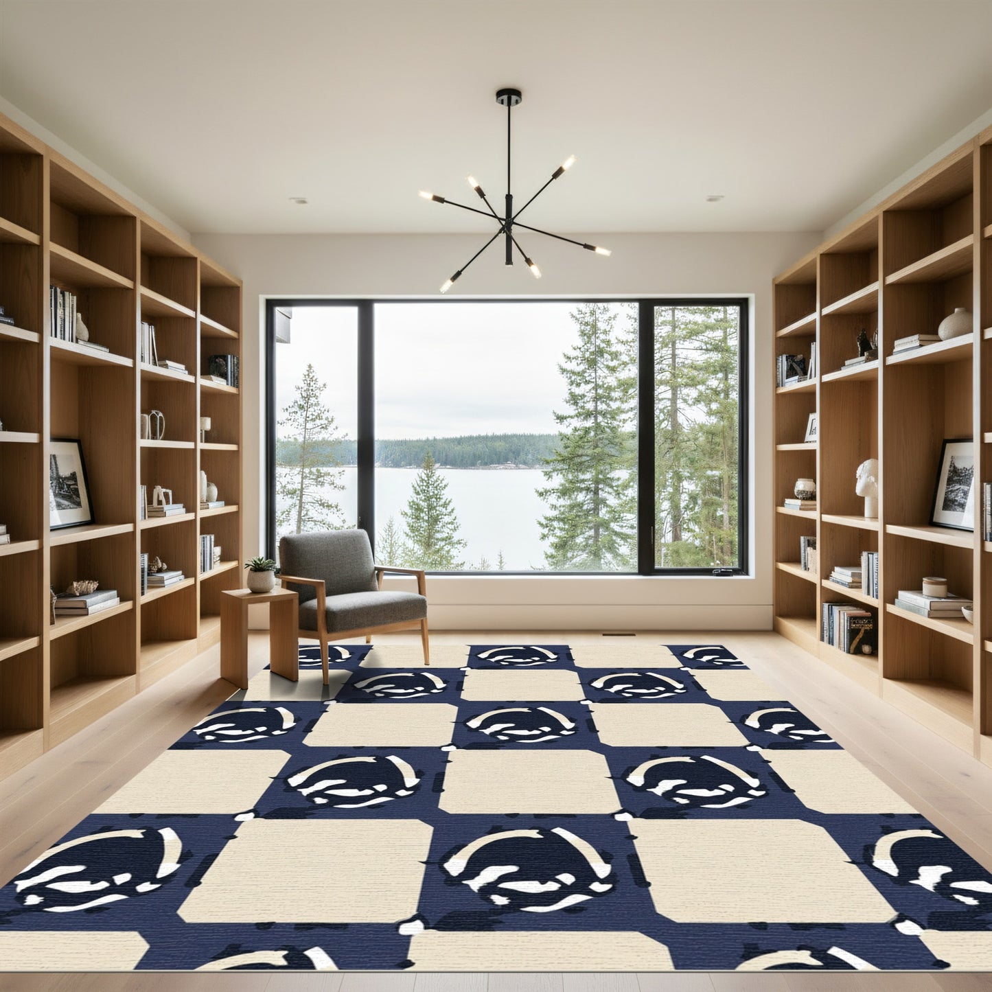 Navy Beige Abstract Chessboard Rug