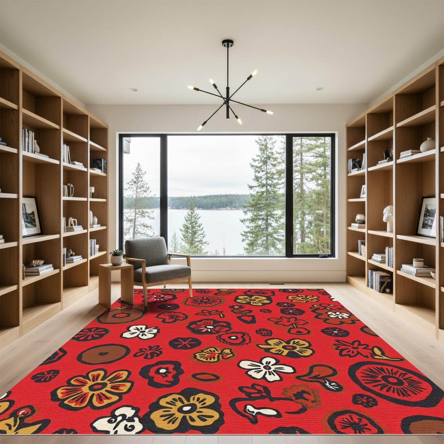 Vibrant Red Retro Floral Scatter Rug