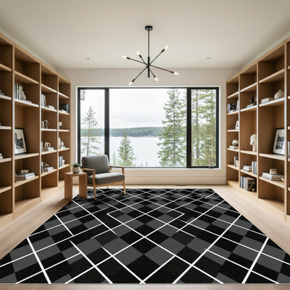 Dark Gray White Diamond Intersecting Lines Rug