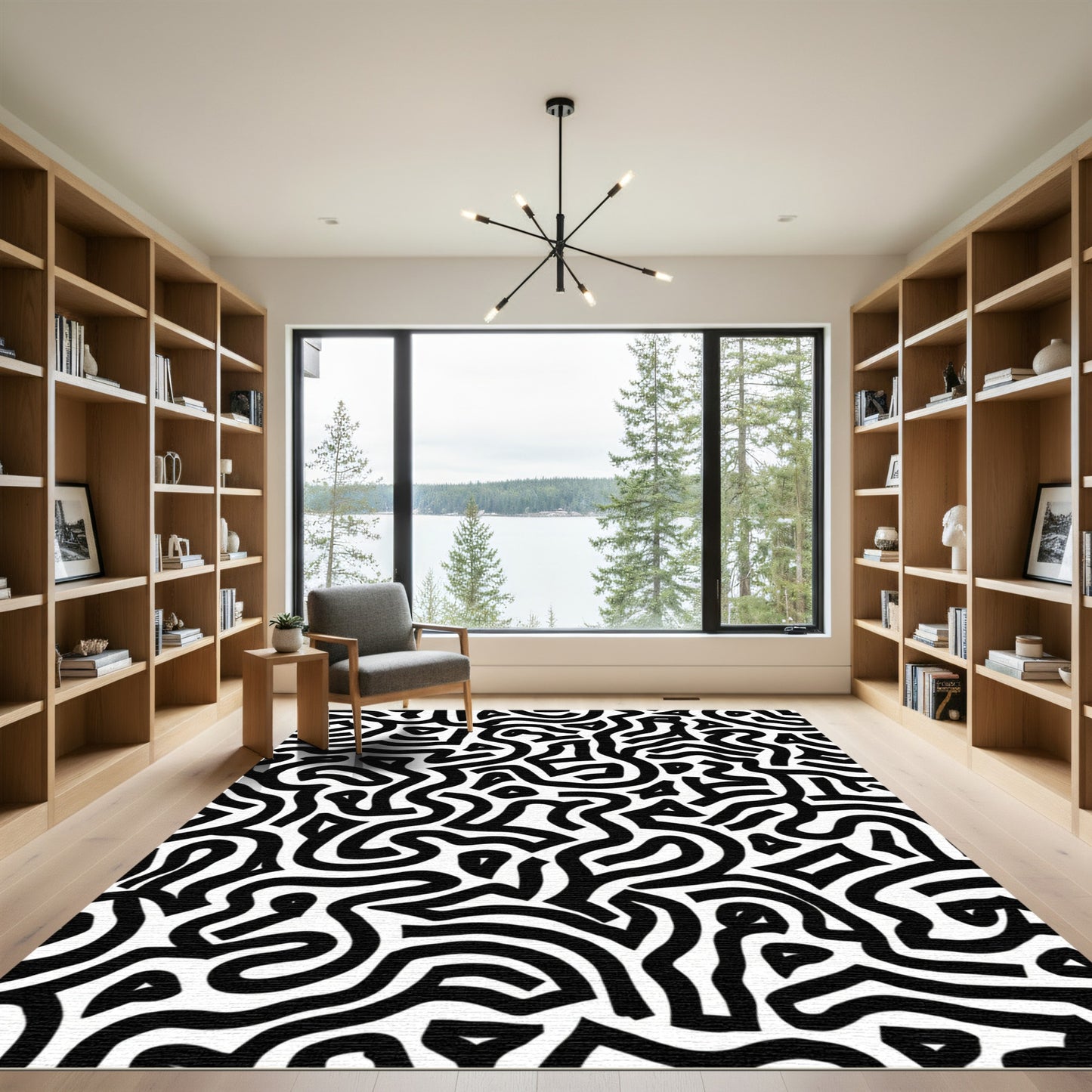 Black White Abstract Maze Line Art Rug