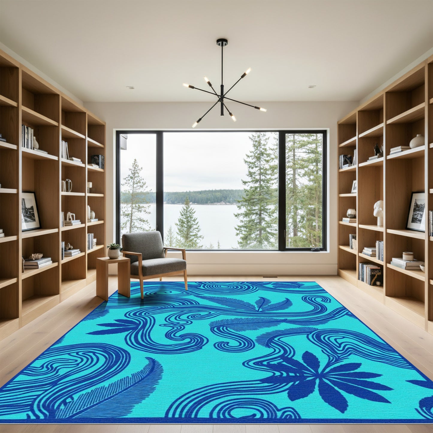 Oceanic Blue Feather Swirl Rug