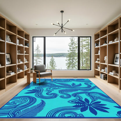 Oceanic Blue Feather Swirl Rug