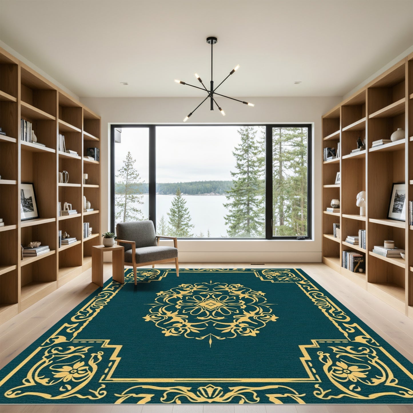 Teal Gold Ornamental Medallion Border Rug