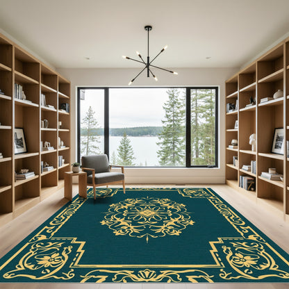 Teal Gold Ornamental Medallion Border Rug