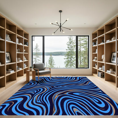 Navy Gold Wavy Swirl Rug