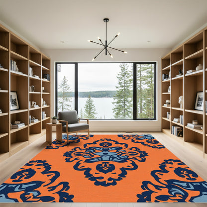 Bold Orange Navy Blue Medallion Rug