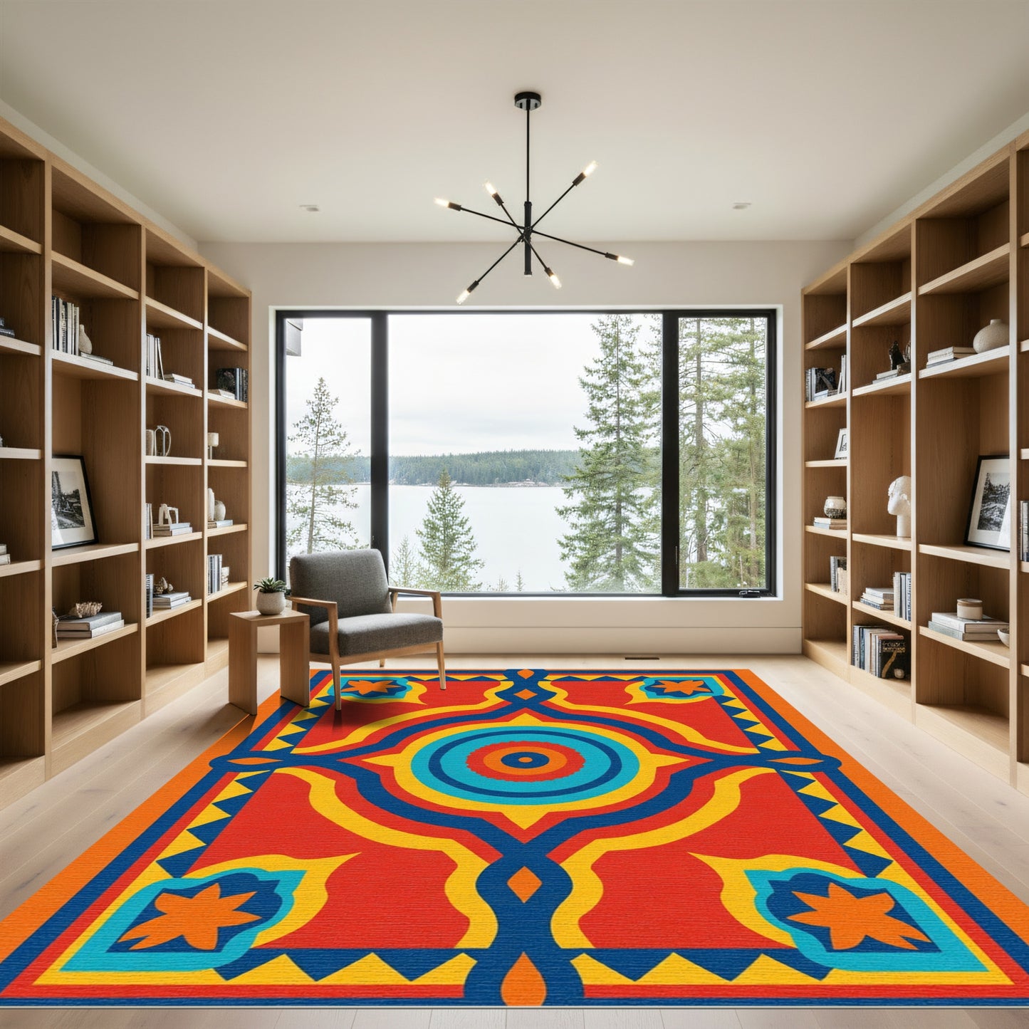 Bold Red Teal Geometric Medallion Rug