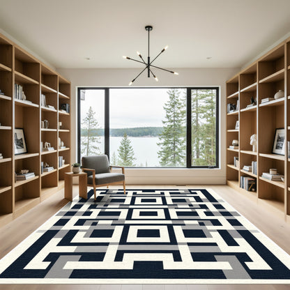 Modern Navy White Geometric Maze Rug