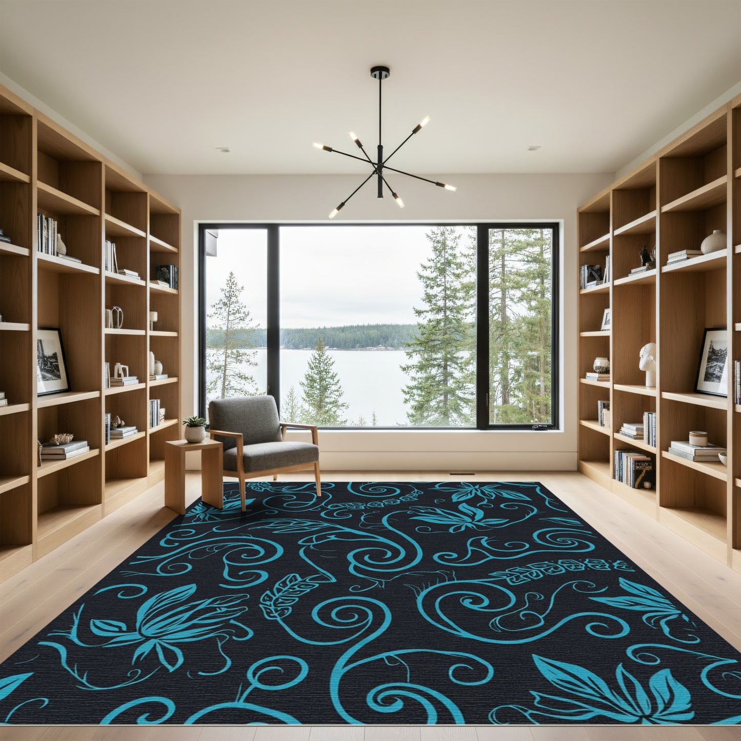 Cyan Floral Swirls on Black Rug