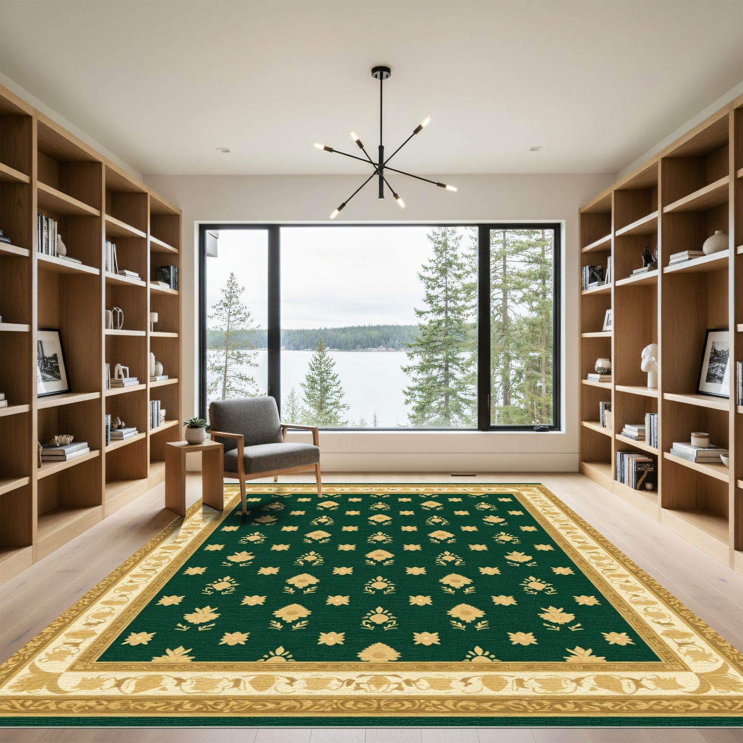 Deep Green Golden Floral Damask Rug