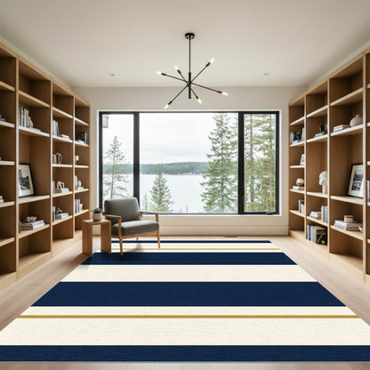 Navy Cream Gold Thin Stripe Rug