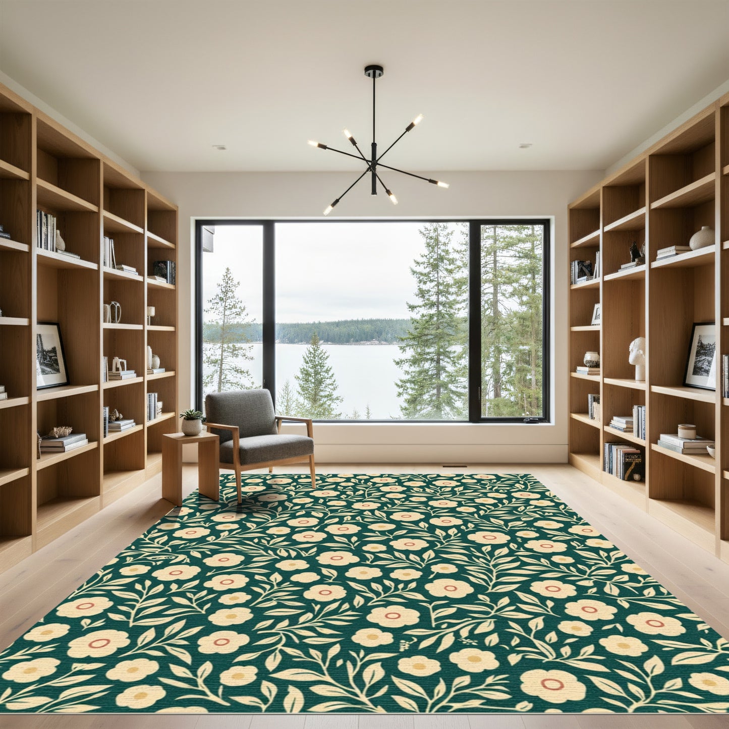 Cream Blossom Vine Dark Emerald Rug