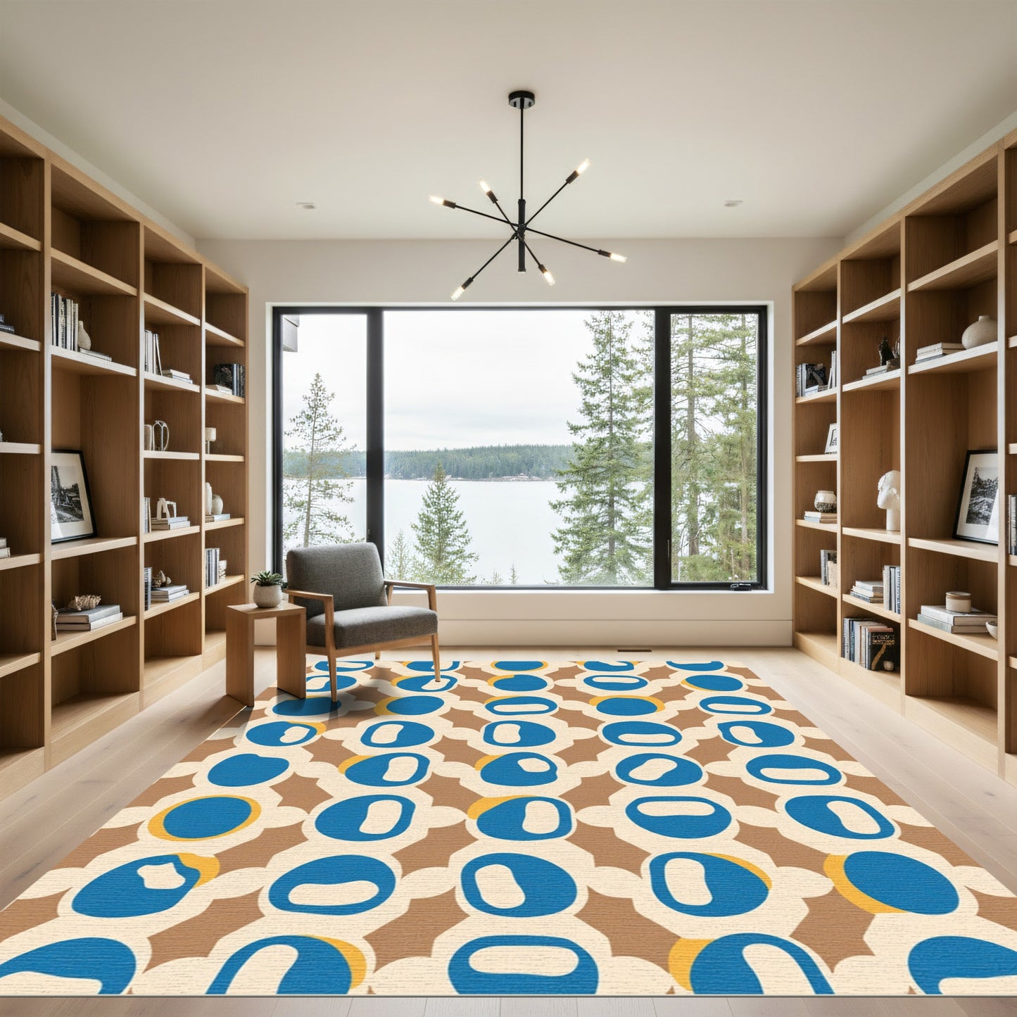 Mid Century Blue Ochre Organic Circles Rug