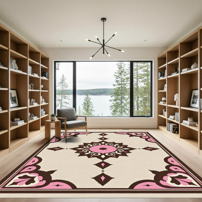 Brown Pink Floral Medallion Cream Rug