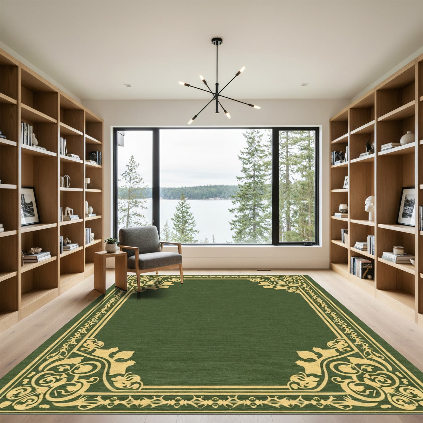 Olive Gold Ornate Floral Border Rug