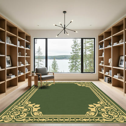 Olive Gold Ornate Floral Border Rug