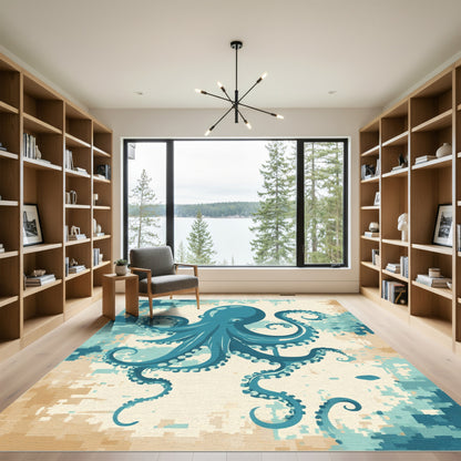 Teal Octopus Abstract Pixel Rug