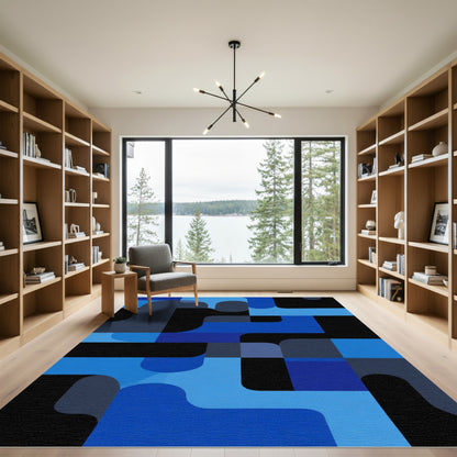 Deep Blue Abstract Geometric Flow Rug