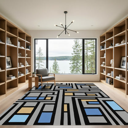 Abstract Geometric Gray Blue Amber Rug