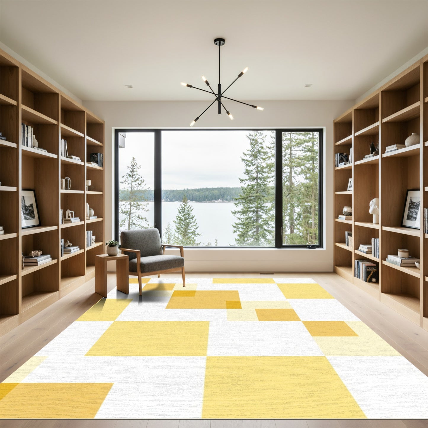 Golden Yellow Geometric Square Overlay Rug