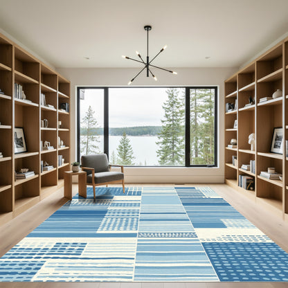 Patchwork Blue White Horizontal Lines Rug