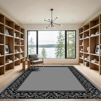 Black Ornate Floral Scrollwork Border Rug