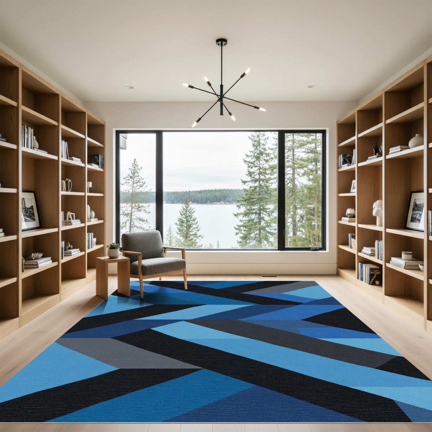 Geometric Blue Black Interlocking Shapes Rug