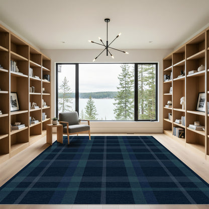 Dark Blue Plaid Grid Rug