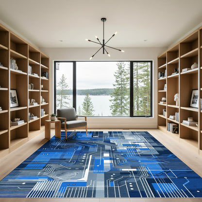 Abstract Blue Circuit Board Flow Rug