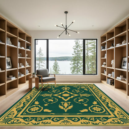 Emerald Golden Floral Bird Medallion Rug