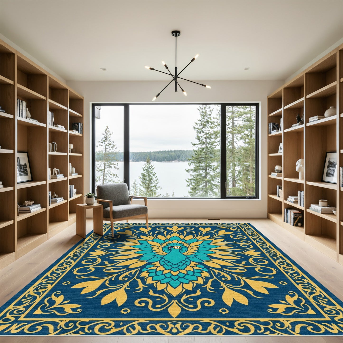 Teal Peacock Floral Blue Border Rug