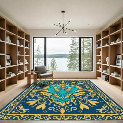 Teal Peacock Floral Blue Border Rug