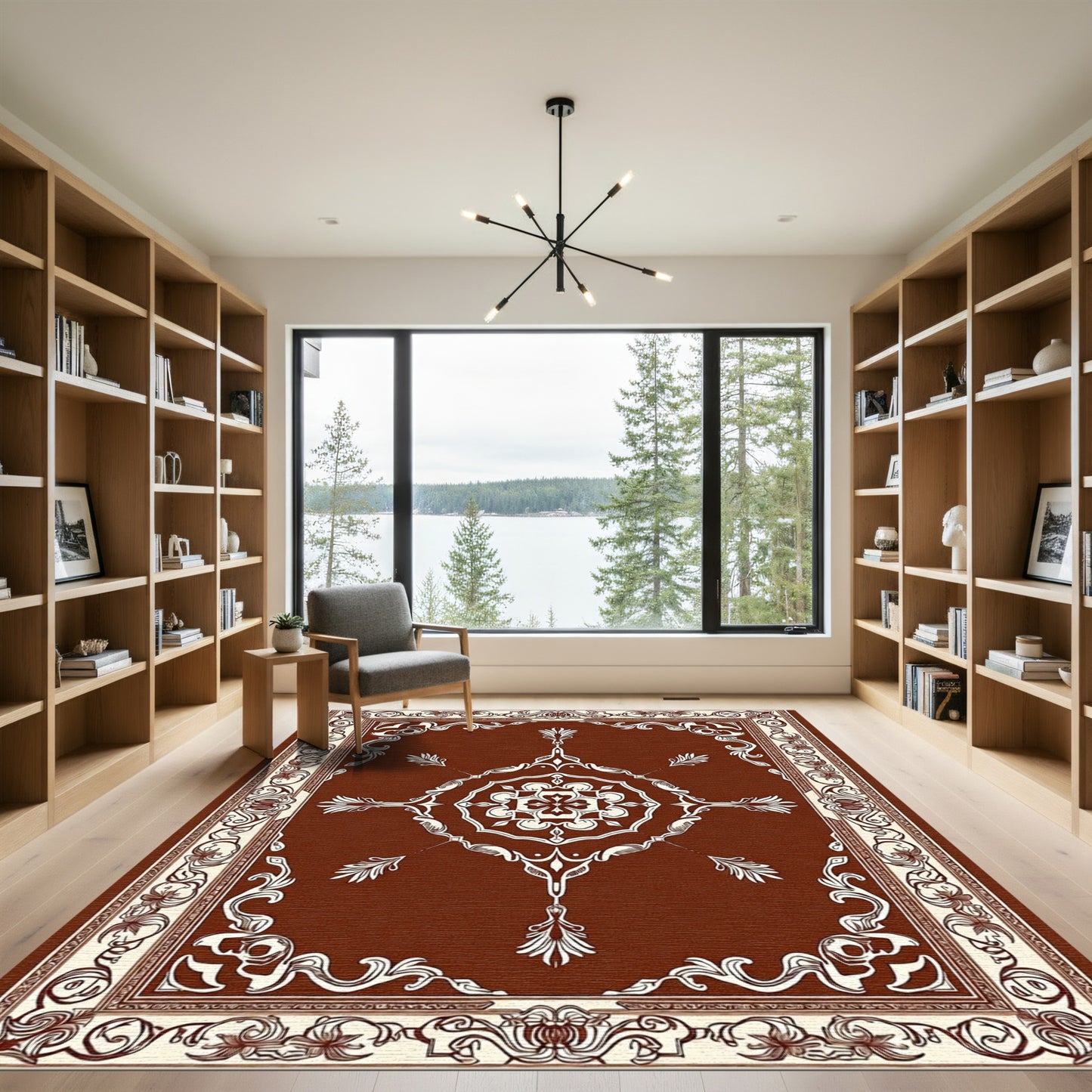 Rich Brown White Floral Medallion Rug