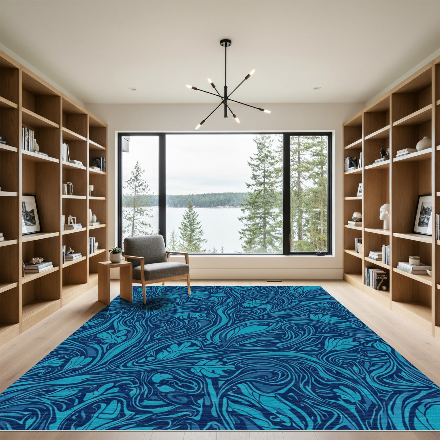 Deep Blue Ocean Swirl Floral Rug