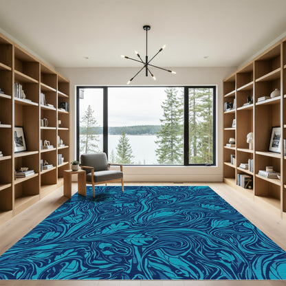 Deep Blue Ocean Swirl Floral Rug